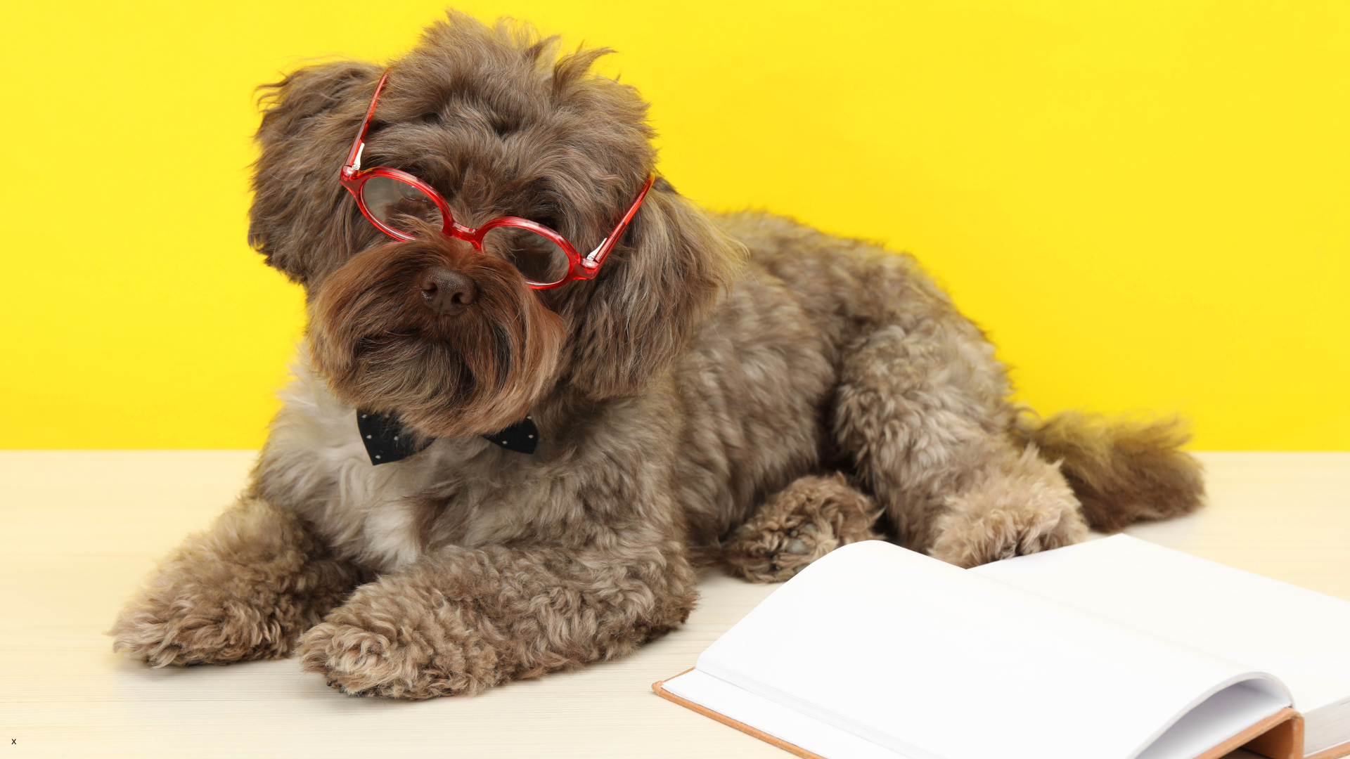 Dog wearing glasses reading a book